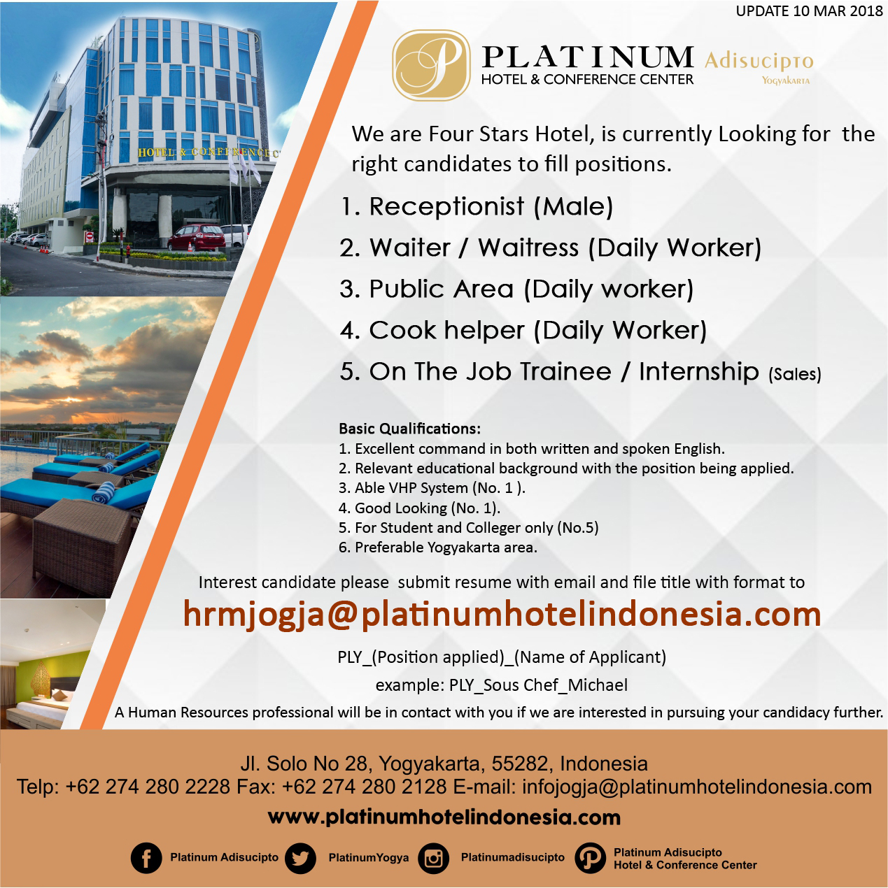 lowongan kerja Platinum Adisucipto hotel